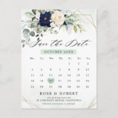 Navy Blush Bloemengroen Geometrisch Save the date Aankondigingskaart (Voorkant)