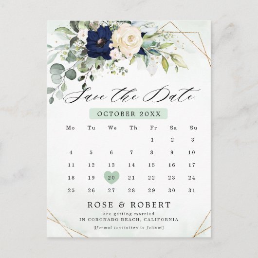 Navy Blush Bloemengroen Geometrisch Save the date Aankondigingskaart (Voorkant)