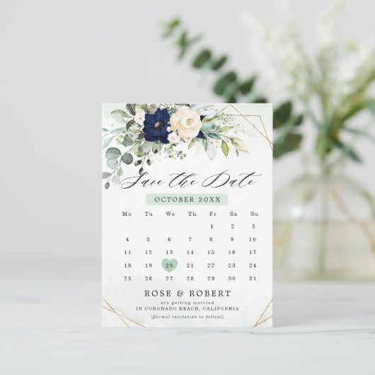 Navy Blush Bloemengroenenkalender Save the Date Briefkaart (Staand voorkant)