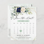 Navy Blush Bloemengroenenkalender Save the Date Briefkaart (Voorkant / Achterkant)