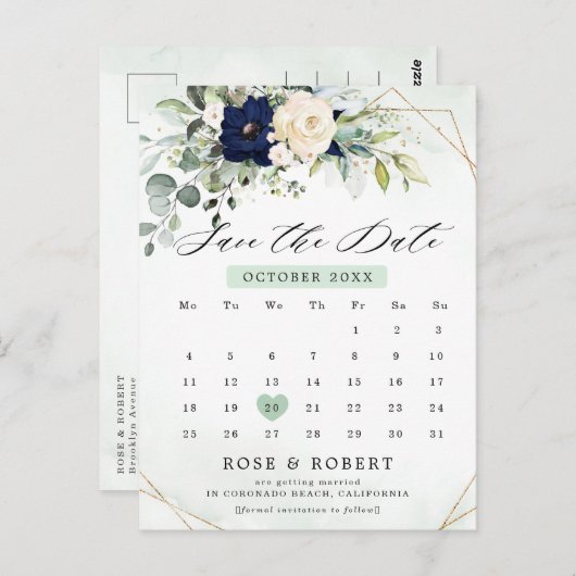 Navy Blush Bloemengroenenkalender Save the Date Briefkaart (Voorkant / Achterkant)
