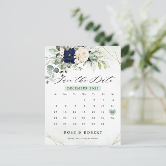 Navy Blush Bloemengroenenkalender Save the Date Briefkaart (Staand voorkant)