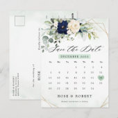 Navy Blush Bloemengroenenkalender Save the Date Briefkaart (Voorkant / Achterkant)