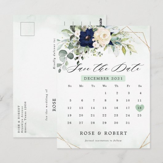 Navy Blush Bloemengroenenkalender Save the Date Briefkaart (Voorkant / Achterkant)
