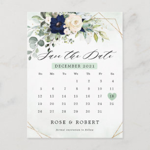 Navy Blush Bloemengroenenkalender Save the Date Briefkaart