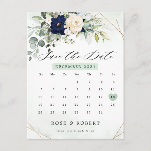 Navy Blush Bloemengroenenkalender Save the Date Briefkaart (Voorkant)