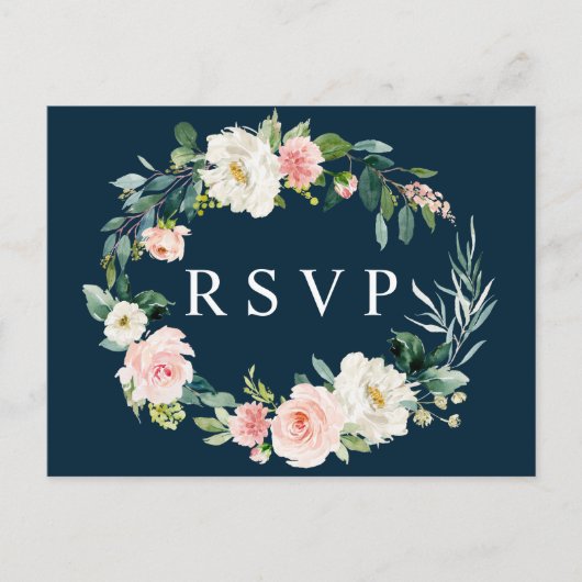 Navy Blush Bloemenkrans Bruiloft RSVP Briefkaart (Voorkant)