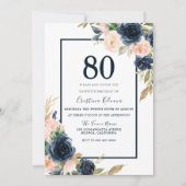 Navy & Blush Bloemrijke Elegante 80ste Verjaardags Kaart (Voorkant)