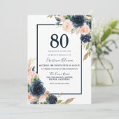 Navy & Blush Bloemrijke Elegante 80ste Verjaardags Kaart (Staand voorkant)