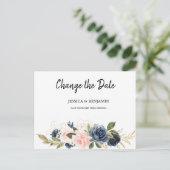 Navy Blush Bloesem Bloemen Wijzig de Datum Briefkaart (Staand voorkant)