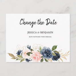 Navy Blush Bloesem Bloemen Wijzig de Datum Briefkaart