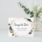 Navy Blush Bloesem Bloemen Wijzig de Datum Briefkaart (Staand voorkant)
