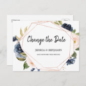 Navy Blush Bloesem Bloemen Wijzig de Datum Briefkaart (Voorkant / Achterkant)