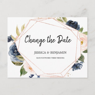 Navy Blush Bloesem Bloemen Wijzig de Datum Briefkaart