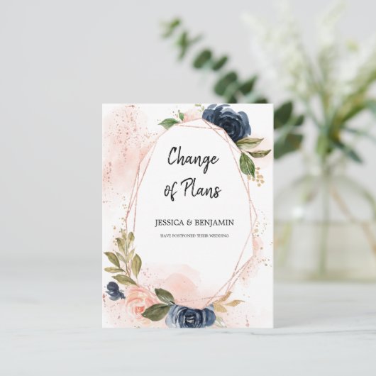 Navy Blush Bloesem Bloemen Wijzig de Datum Briefkaart (Staand voorkant)