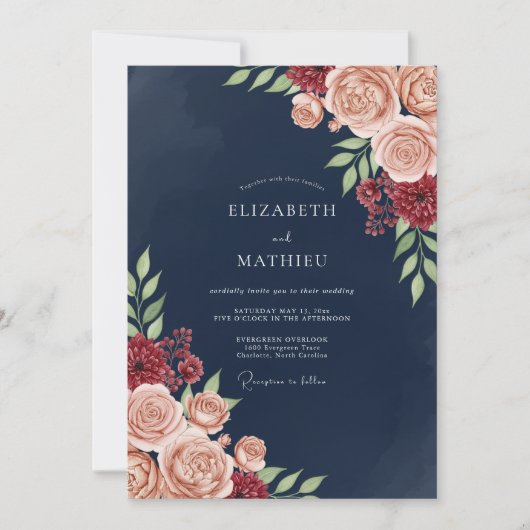 Navy Blush Bloom Romance Wedding Kaart (Voorkant)