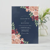 Navy Blush Bloom Romance Wedding Kaart (Staand voorkant)