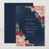 Navy Blush Bloom Romance Wedding Kaart (Voorkant / Achterkant)