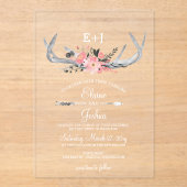 Navy Blush Blooming Antlers Land Chic Weddenschap Acryl Uitnodigingen (Voorkant)
