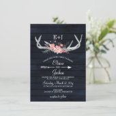 Navy Blush Blooming Antlers Land Chic Weddenschap Kaart (Staand voorkant)