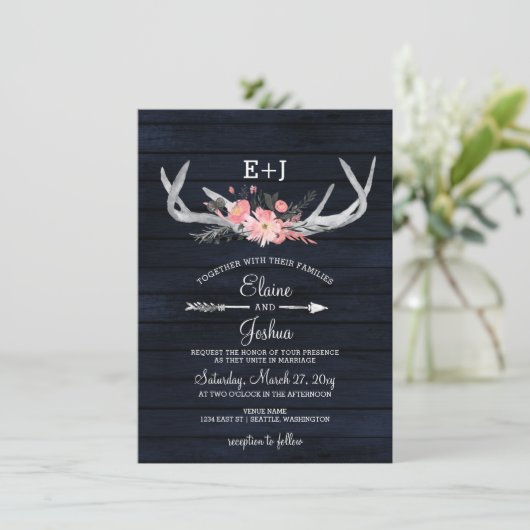 Navy Blush Blooming Antlers Land Chic Weddenschap Kaart (Staand voorkant)