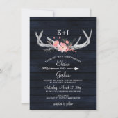 Navy Blush Blooming Antlers Land Chic Weddenschap Kaart (Voorkant)