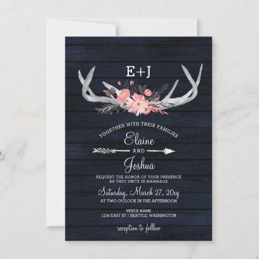 Navy Blush Blooming Antlers Land Chic Weddenschap Kaart (Voorkant)