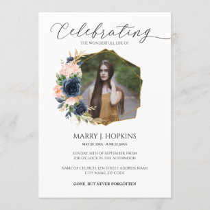 Navy Blush Blossom Photo Celebration of Life Kaart