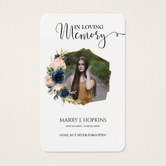 Navy Blush Blossom Photo Memorial Prayer-kaarten Visitekaartje (Voorkant)