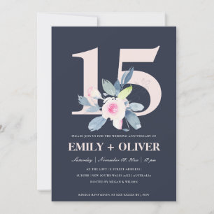 NAVY BLUSH BLUE FLORAL 15E JAAR JUBILEUM KAART
