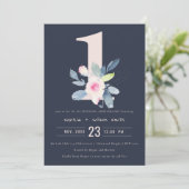 NAVY BLUSH BLUE FLORAL 1st JAAR JUBILEUM Kaart (Staand voorkant)