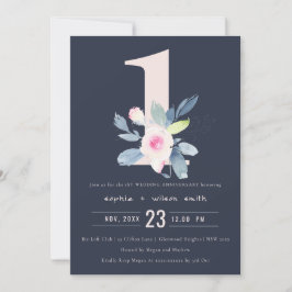 NAVY BLUSH BLUE FLORAL 1st JAAR JUBILEUM Kaart