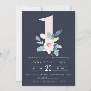 NAVY BLUSH BLUE FLORAL 1st JAAR JUBILEUM Kaart