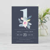 NAVY BLUSH BLUE FLORAL 1st JAAR JUBILEUM Kaart (Staand voorkant)