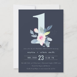 NAVY BLUSH BLUE FLORAL 1st JAAR JUBILEUM Kaart