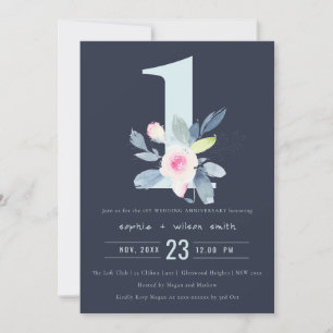 NAVY BLUSH BLUE FLORAL 1st JAAR JUBILEUM Kaart