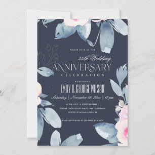 NAVY BLUSH BLUE FLORAL 25 JAAR JUBILEUM KAART