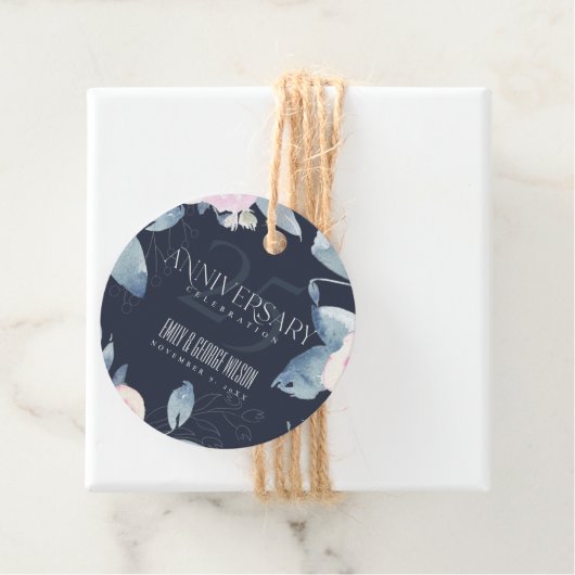 NAVY BLUSH BLUE FLORAL 25E JAAR JUBILEUM BEDANKJES LABELS (In situ)