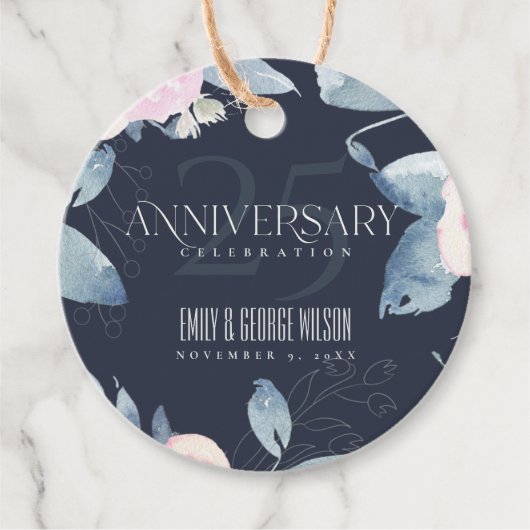 NAVY BLUSH BLUE FLORAL 25E JAAR JUBILEUM BEDANKJES LABELS (Voorkant)
