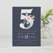 NAVY BLUSH BLUE FLORAL 5E JAAR JUBILEUM KAART (Staand voorkant)