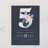 NAVY BLUSH BLUE FLORAL 5E JAAR JUBILEUM KAART (Voorkant / Achterkant)