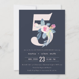 NAVY BLUSH BLUE FLORAL 5E JAAR JUBILEUM KAART