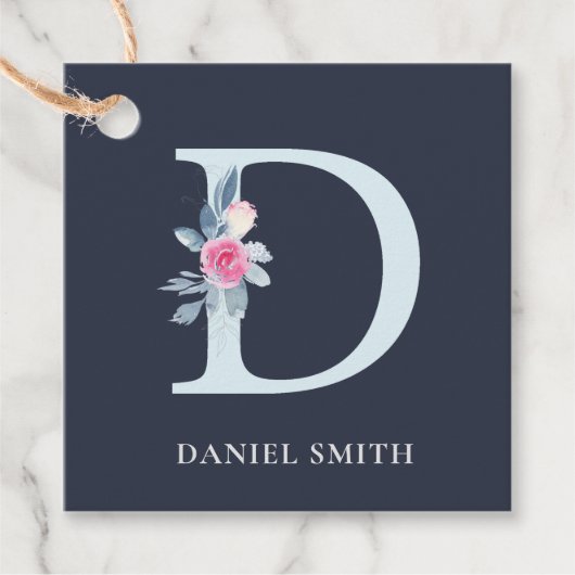 NAVY BLUSH BLUE FLORAL ALPHABETS NAME BRIEF D BEDANKJES LABELS (Voorkant)