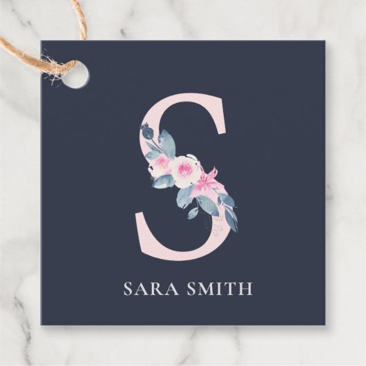NAVY BLUSH BLUE FLORAL ALPHABETS NAME LETTER BEDANKJES LABELS (Voorkant)