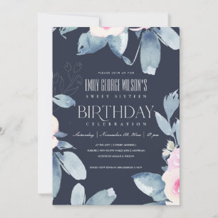 NAVY BLUSH BLUE FLORAL SWEET 16 OM HET EVEN WELKE  KAART