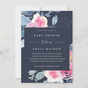 NAVY BLUSH BLUE FLORAL WATERVERF BABY SHOWER KAART