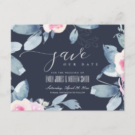 NAVY BLUSH BLUE FLORAL WATERVERF BEWAREN DE DATUM AANKONDIGINGSKAART