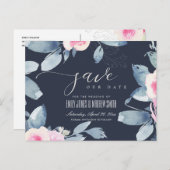 NAVY BLUSH BLUE FLORAL WATERVERF BEWAREN DE DATUM AANKONDIGINGSKAART (Voorkant / Achterkant)