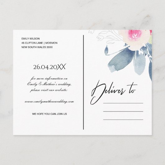 NAVY BLUSH BLUE FLORAL WATERVERF BEWAREN DE DATUM AANKONDIGINGSKAART (Achterkant)