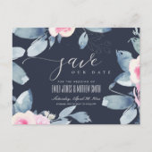NAVY BLUSH BLUE FLORAL WATERVERF BEWAREN DE DATUM AANKONDIGINGSKAART (Voorkant)